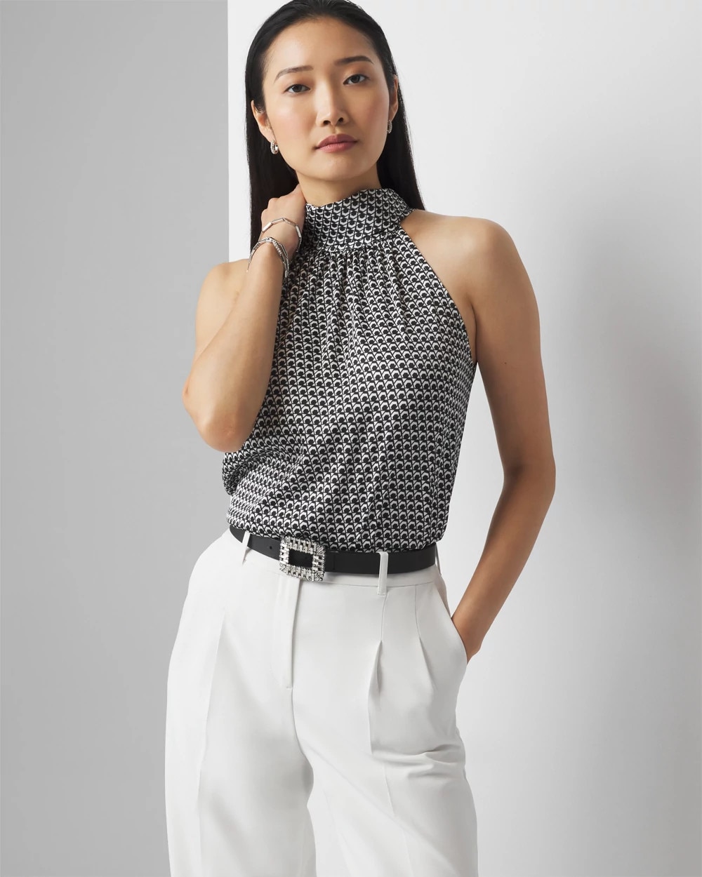 Geometric Print Mock Neck Shell | White House Black Market